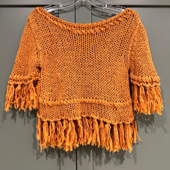 Free People On the Fringe Pullover YELLOW sweater knit cropped top crochet XS - Picture 4 of 12